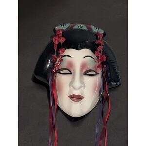 Clay Art San Francisco Geisha Wall Mask Ceramic Asian Lady Face Floral Hair 9”